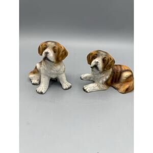 Vintage MEICO Japan Saint Bernard Dog Figurines Set of 2 Bisque Porcelain